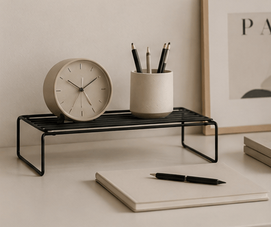 Minimalist home organisation using compact shelves and storage baskets