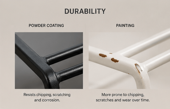 Powder coating application on a metal product before oven curing