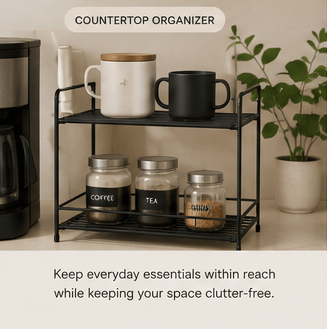 Metal countertop organiser creating additional storage in a modern kitchen