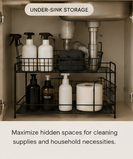 Open wire storage baskets organising kitchen and pantry items
