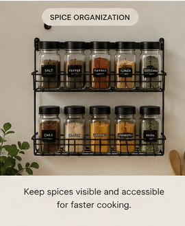 Metal shelf riser and wall-mounted rack using vertical kitchen space