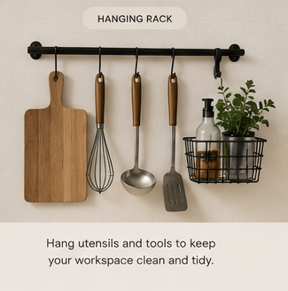 Matte black metal kitchen organisers in a modern interior