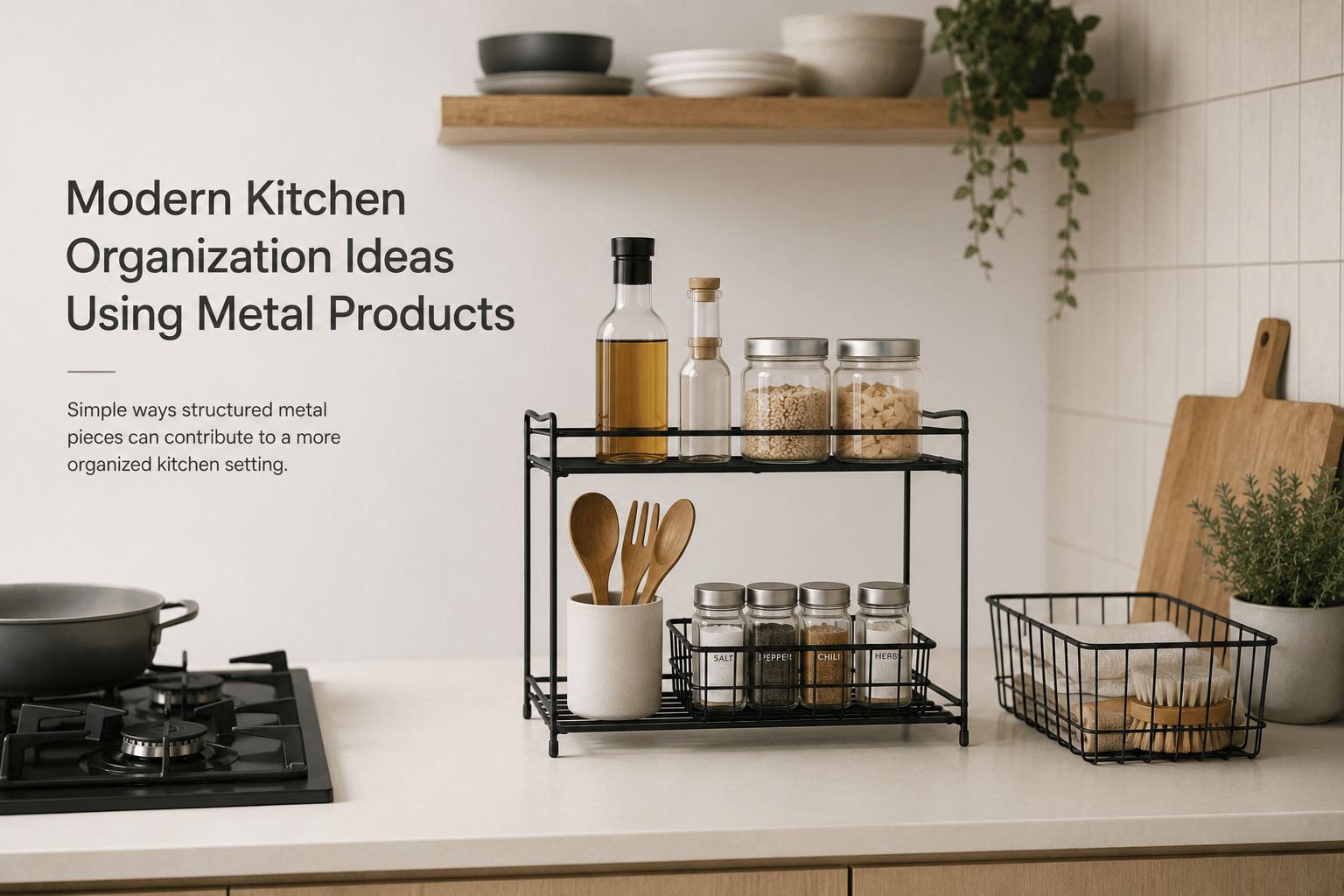 Modern kitchen organisation using practical metal storage products