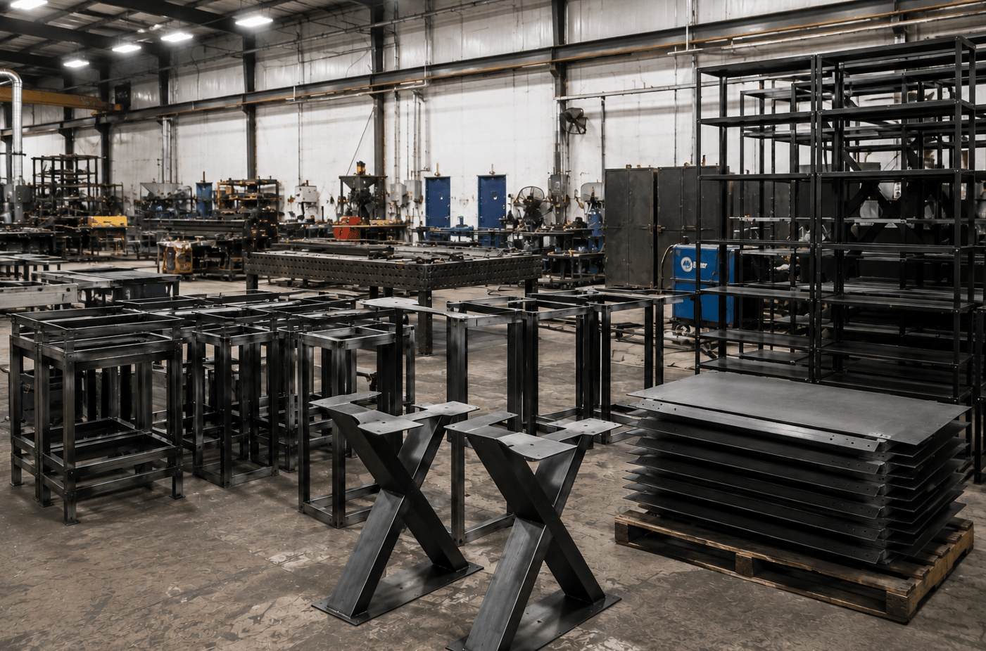 Fabricated steel frames and flat metal components staged inside a metalworking production area