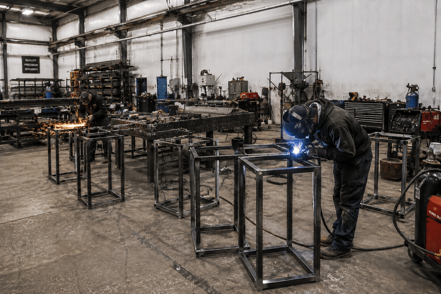 Metalworkers welding rectangular steel frames on the factory production floor