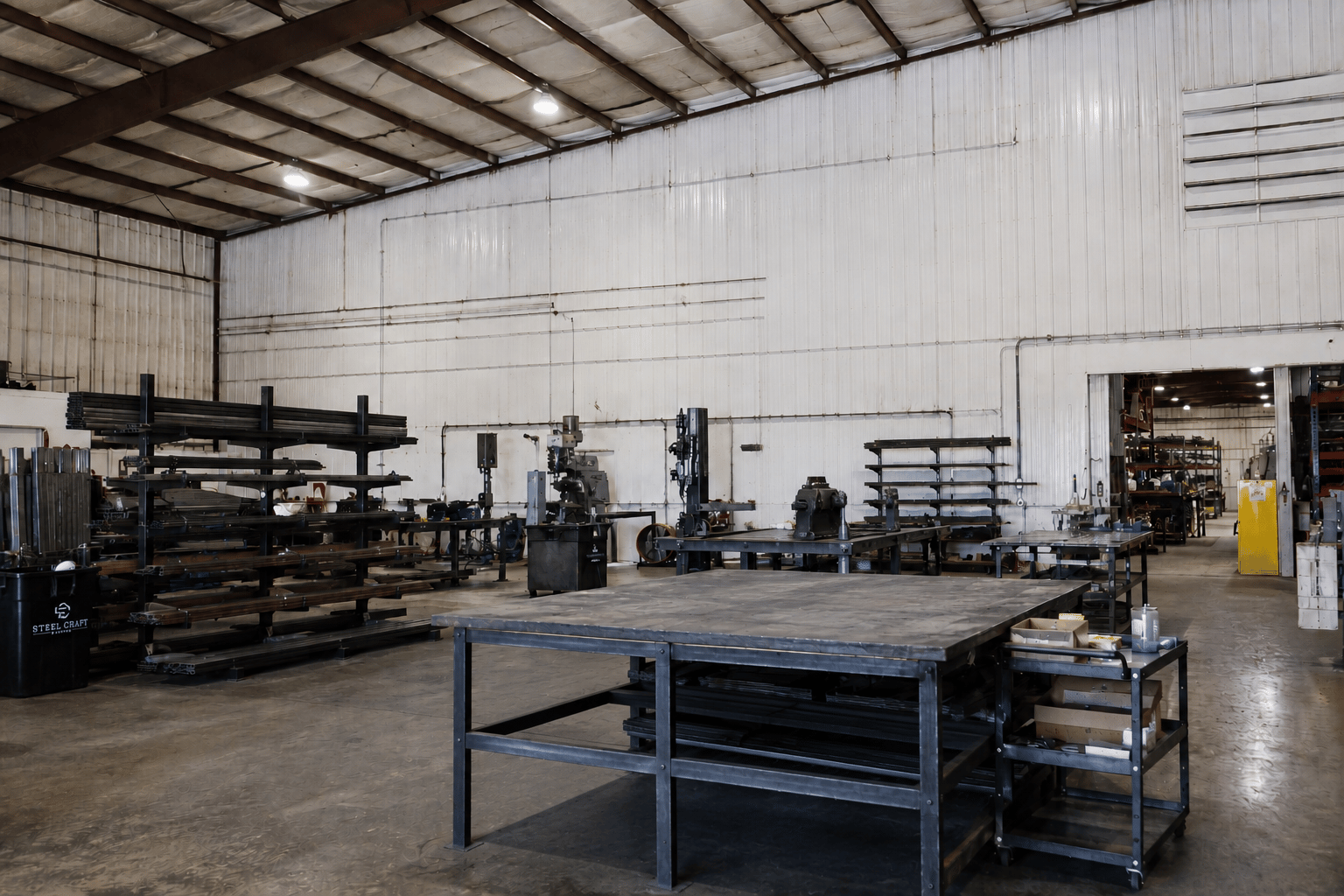 Metalworking production floor with steel stock racks, worktables and fabrication equipment